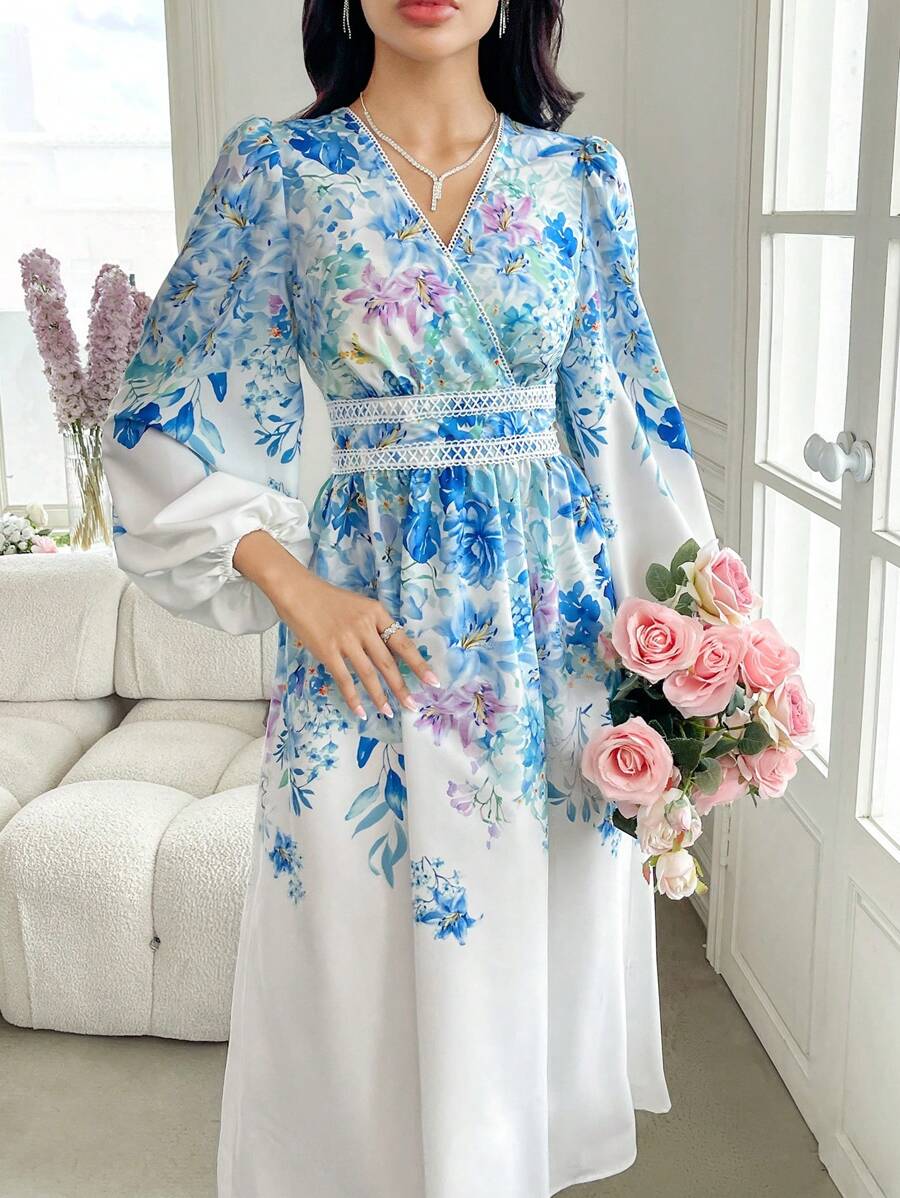 Modelyn Women's Floral Print V-Neck Lantern Sleeve Elegant Midi Dress, Perfect For Vacation Fall Cloth For Women