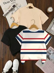3 Pcs Young Boys Summer Casual Cute Fashionable Striped & Cartoon Bear Graphic Print Crew Neck Short Sleeve T-Shirts