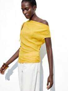 Maija 2025 Autumn/Winter New Yellow Ruched Drawstring Tie Bow Asymmetric Cutout Shoulder Design Sleeveless Blouse, Fashion Casual Elegant Versatile For Business, Party, Beach, Wedding Guest, Everyday, Y2K Retro Style - Yellow - View 5