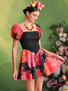 Frida Kahlo X SHEIN X Designer The Perfect Party Vestido mini lindo de manga corta abullonada con estampado floral para mujer, atuendo de vacaciones de verano