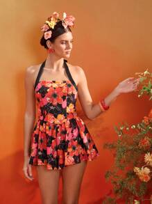 The Perfect Party Frida Kahlo X SHEIN X Designer Macaquinho Curto com Estampa Floral, Alça Halter e Amarração no Pescoço, Para Mulheres, Férias de Verão, Praia - Multicolorido - Visão 7