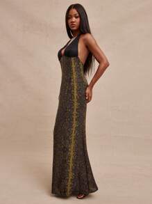 NYA SZN Robe longue fendue satin imprimé peau de serpent, décolleté plongeant, style ras-du-cou. Robe d'été pour événements spéciaux, vacances, mariages, invités, soirées occidentales et concerts pour femmes