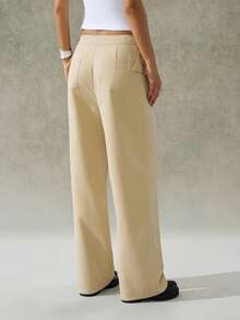 LYSMO Woman's Khaki Runway Style Designer Button-Detail Waistband Summer Pants For Streetwear, Office And Daily Basic, Vacation Outfits 2025New Arrival - Khaki - View 2