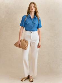 Écloséra Cardigan retro francez la modă, casual, minimalist, versatil, cu guler răsturnat, mânecă scurtă, moale și confortabil, din in Tencel, pentru femei, primăvară/vară, albastru - Bleu - Vizualizare 5