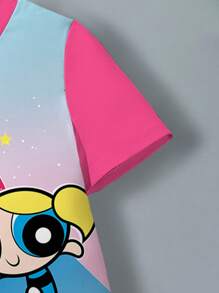 THE POWERPUFF GIRLS X SHEIN Váy trẻ em dễ thương họa tiết ngôi sao, cầu vồng, họa tiết hoạt hình in màu tương phản cổ tròn tay ngắn thoải mái cho mùa hè - trắng - Xem 4