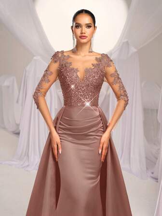 SHEIN Belle Elegant Kontrastfärgad Mesh Applikationer Långärmad V-ringning Lyxig Paljettutsmyckad Satin Hög Midja Sjöjungfrusvans Fåll Glamorös Aftonklänning