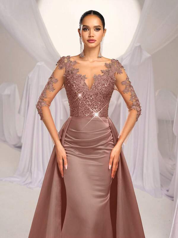 SHEIN Belle Elegant Contrast Color Mesh Appliques Long Sleeve V-Neck Luxurious Sequins Embellished Satin High Waist Mermaid Tail Hem Glamorous Evening Gown