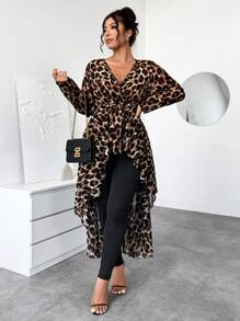 Elenzga 大码女式 2 件套豹纹雪纺 V 领长袖上衣（配腰带和紧身裤） - 彩色 - 查看 5