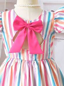 Vestidos de niñas jóvenes con estampado tropical de plantas y lacitos, vestido de vacaciones adecuado para la escuela y excursiones - Multicolor - Ver 4
