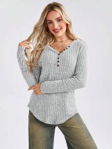 SHEIN LUNE Button Detail Ribbed Knit Tee - Grey - View 3