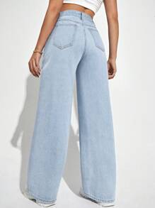 SHEIN Vaqueros rectos de talle alto con efecto desgastado casual - Azul - Ver 2
