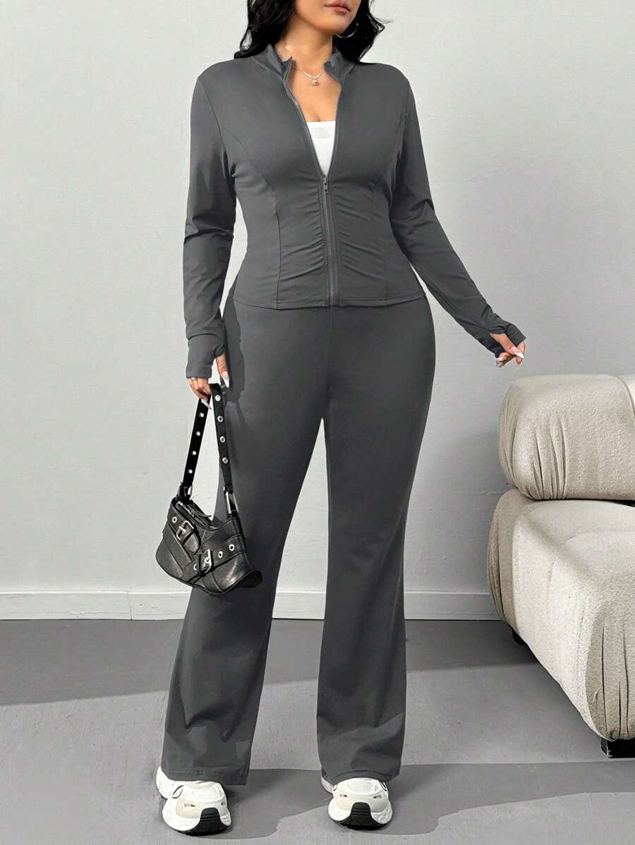 SHEIN EZwear 大码休闲轻便瑜伽夹克和喇叭裤套装,两件套女式灰色两件套长袖两件套女式两件套 - 灰色 - 查看 1