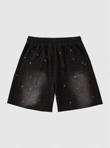 ROMWE MEN Men's Street Life Rhinestones Decor Printed Drawstring Waist Casual Fashion Shorts - Black - View 2