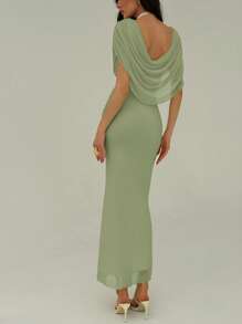 Aloruh Women's Solid Color Scoop Neck Fitted Elegant Dress - Green - View 2