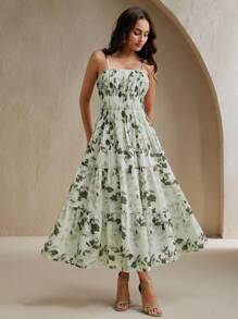 Anewsta French Countryside Plant Printed Wood Bead Strap Dress