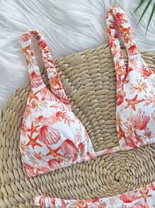 Swim Mod Conjunto de bikini sexy con parte delantera anudada y espalda descubierta con estampado de vida marina texturizada para vacaciones en la playa de mujeres - Naranja - Ver 3