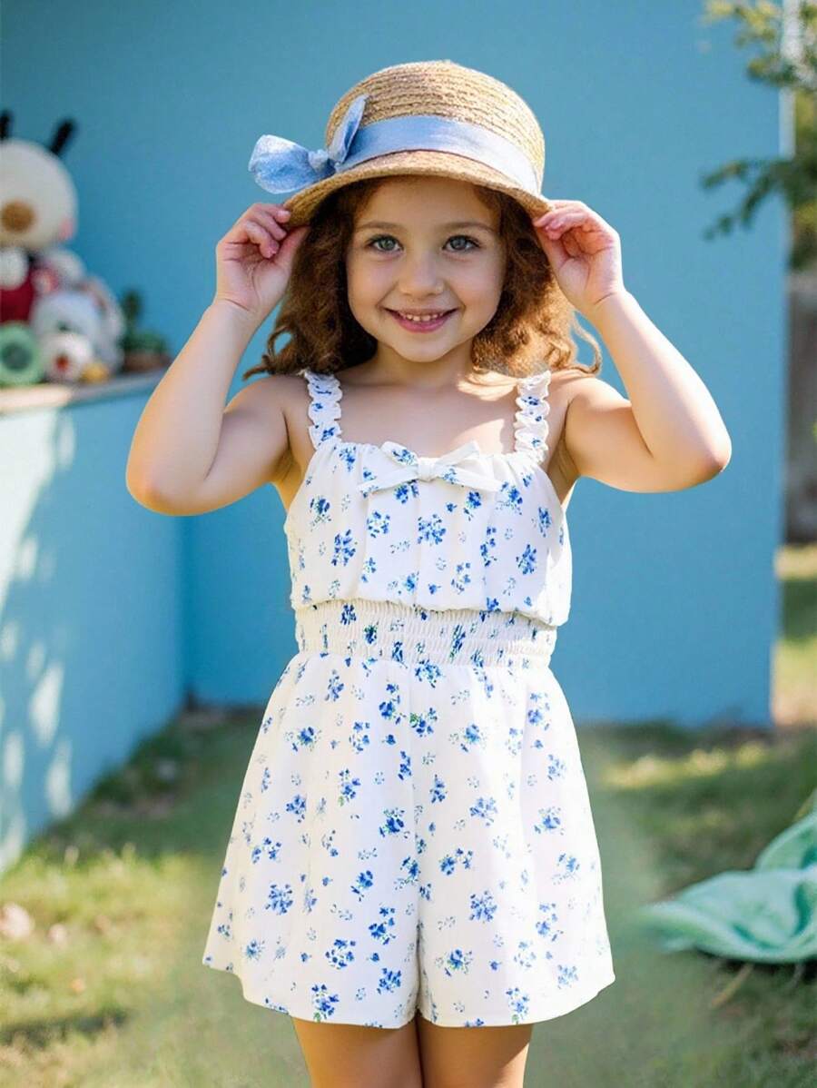 Young Girl Ditsy Floral Spaghetti Strap Romper - Blue - View 1