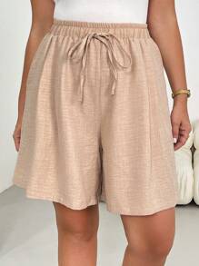SHEIN Essnce Plus Size Women's Spring And Summer Fashion Casual Loose And Comfortable Basic Daily Versatile Slim Elastic Waist Khaki Shorts Shorts, Simple Style,Going Out Clothes,Baggy Pants,European Summer,Airport Outfit For Women,Boho,Vacation Clothes,Curve Shorts,Old Money Style,Comfy Shorts,Flowy Shorts,Bermuda Shorts