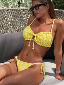 Swim Mod Women Summer Beach Vacation Jacquard Fabric Drawstring Crop Top Yellow Bikini Set - Yellow - View 1