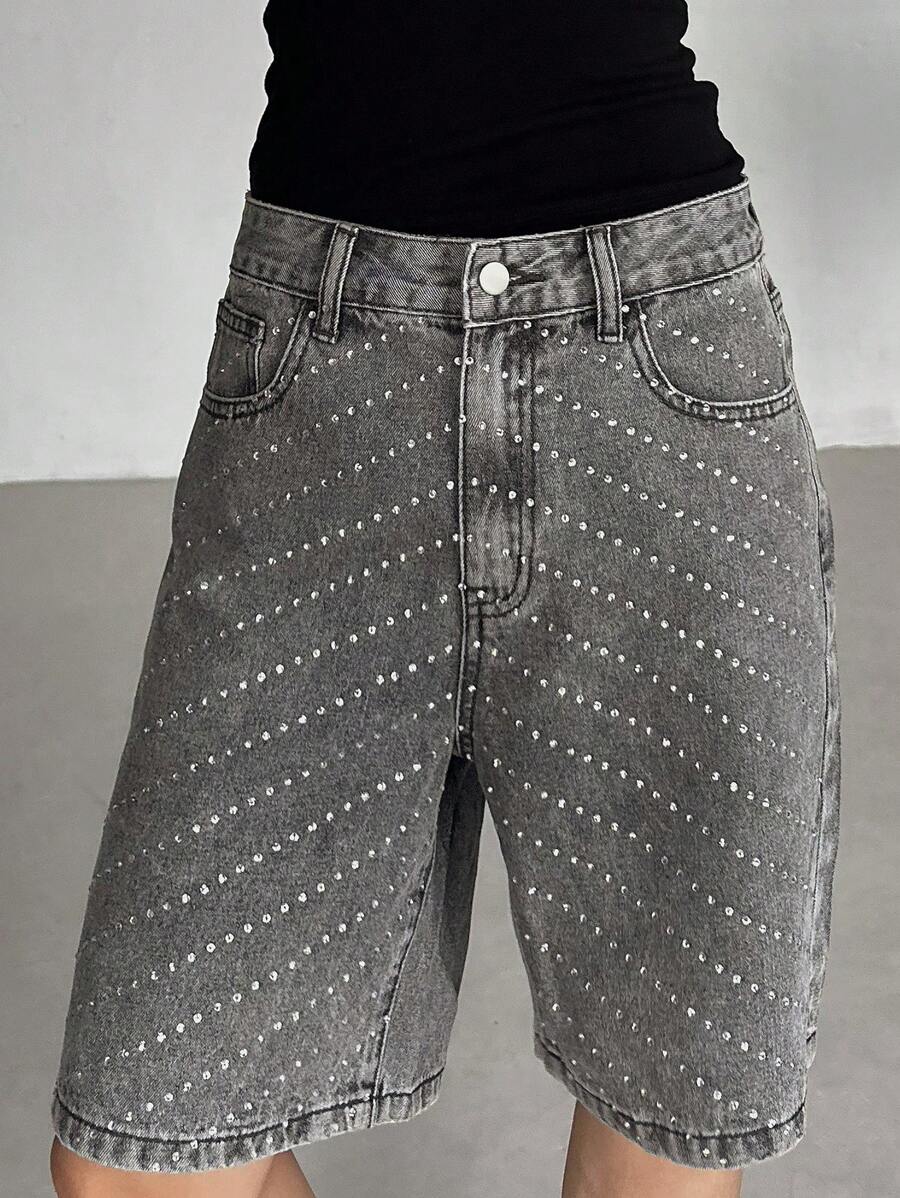 DAZY Quần short Bermuda denim ống đứng dáng rộng đính đá lấp lánh dành cho nữ mùa hè, quần short denim, quần áo đi học, quần short đính sequin. - Xám - Xem 1