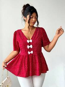 SHEIN Clasi 大码 V 领优雅衬衫，带蝴蝶结装饰，适合外出 - 彩色 - 查看 5