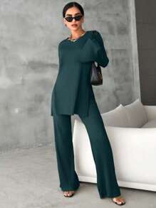 EURMUSE 2pcs Women Solid Color Ribbed Long Sleeve Shirt And Pants Casual Suit - Army Green - View 3