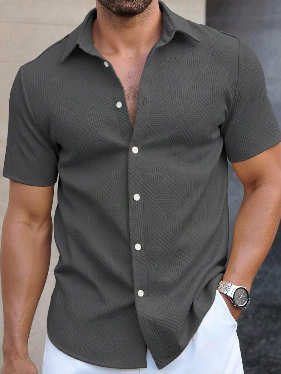 Manfinity Homme 男士休闲纯色纹理纽扣衬衫，男士夏季宽松简约白色纽扣短袖衬衫，适合日常休闲穿着，送给丈夫的完美礼物 - 灰色 - 查看 1