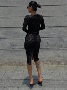 DAZY 女士弹力蕾丝 V 领长袖性感中长连衣裙，秋季连衣裙 - 黑色 - 查看 2