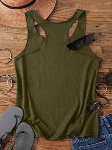 SHEIN LUNE 女士休闲莲花印花圆领修身背心，夏季，休闲 - 軍綠色 - 查看 2