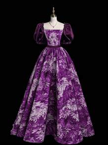 Sweetra 复古印花泡泡袖连衣裙 - 紫色 - 查看 1