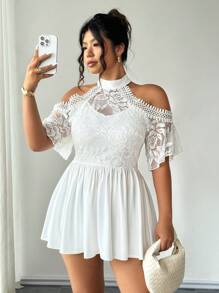 Rometta Blusa casual de vacaciones para mujer, con cuello alto, parche de encaje y malla, tejido elástico, hombros descubiertos, mangas cortas con volantes, cintura fruncida y bajo con volantes, para talla grande - Blanco - Ver 8