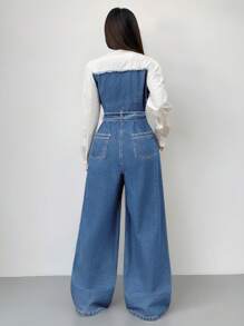 SHEIN ICON Women's Denim Jumpsuit With Adjustable Straps And Long Sleeves, Casual Fitted, Fall Women Clothes - Medium Wash - View 2