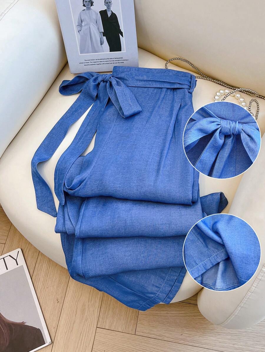 SHEIN LUNE Plus Size Casual Solid Color Wide Leg Pants - Blue - View 1