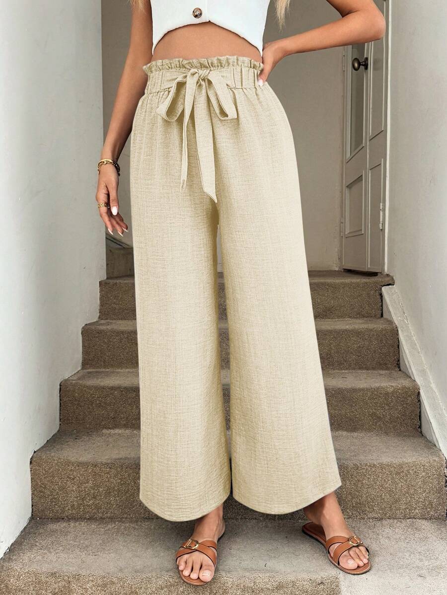 Easowa 阔腿裤，带有荷叶边和蝴蝶结细节，女士优雅休闲度假装 女式阔腿裤 夏季阔腿裤 女式夏季裤 系腰裤 女式阔腿裤 女式夏季裤 亚麻裤 - 杏色 - 查看 1