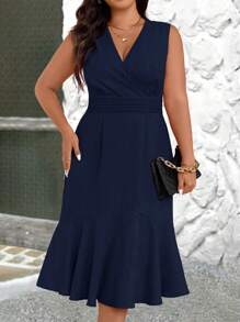 Rometta Vestido sin mangas de talla grande para mujer de unicolor elegante con cuello en V y estrechez en la cintura - Azul Marino - Ver 3