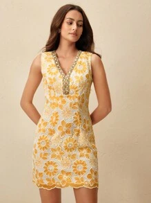 Anewsta Women's Boho Floral Dress Yellow Sleeveless V-Neck Woven Mini Dress With Gold Embellished Detailing Perfect For Summer - Yellow - View 4