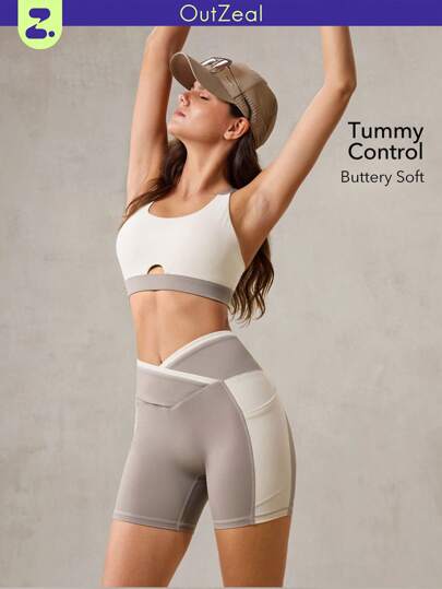 OutZeal Pantalones cortos de gimnasia para mujer, pantalones deportivos de ciclismo, pilates, control de abdomen, cintura alta cruzada, con bolsillo lateral, ropa activa de parte inferior
