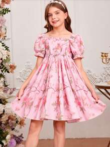 Vestido de princesa con estampado floral elegante y mangas abullonadas para niñas preadolescentes, para verano - Rosa - Ver 1