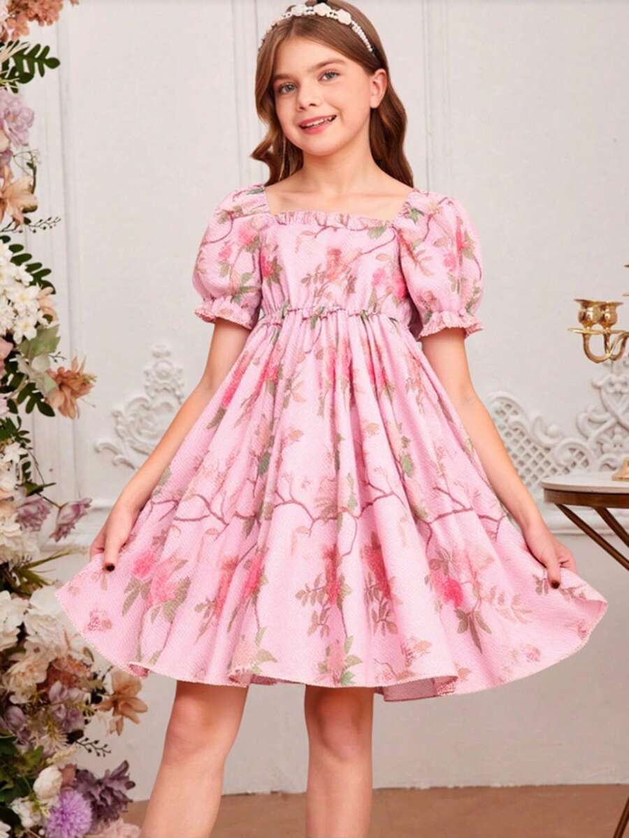 Vestido de princesa con estampado floral elegante y mangas abullonadas para niñas preadolescentes, para verano - Rosa - Ver 1