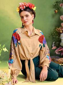 Redefinition Frida Kahlo X SHEIN X Designer Floral Print Tie Buttons Dropped Shoulder Shirts For Women Summer Vacation - Multicolor - View 1