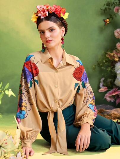 Redefinition Frida Kahlo X SHEIN X Designer Floral Print Tie Buttons Dropped Shoulder Shirts For Women Summer Vacation