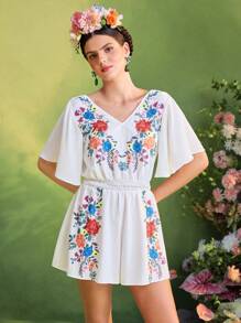 Oxana Frida Kahlo X SHEIN X Designer 花卉印花 V 领飘逸短袖波西米亚风女式度假连体裤 - 彩色 - 查看 5