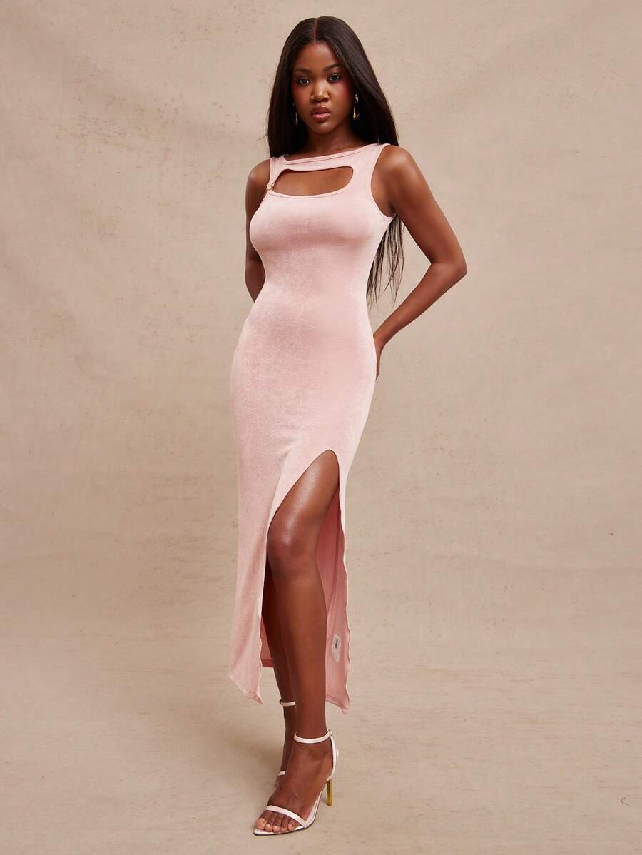 SHEIN Unity 无袖镂空中开衩连衣裙 夏季活动连衣裙 度假特别活动 新娘婚礼宾客 正式场合 辣妹风 热带度假 无袖 复活节 粉彩色 音乐会 感恩节 圣诞节 新年夜 女装 - 粉色 - 查看 1