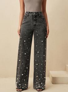 Anewsta 女士时尚串珠直筒宽松阔腿牛仔裤，春季嘉年华和情人节