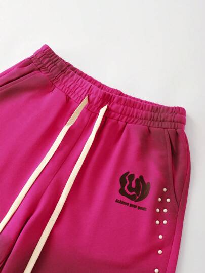 Street Life Men's Street Life Sparkling Rhinestone Washed Distressed Graphic Hot Pink Shorts