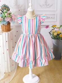 Vestidos de niñas jóvenes con estampado tropical de plantas y lacitos, vestido de vacaciones adecuado para la escuela y excursiones - Multicolor - Ver 3
