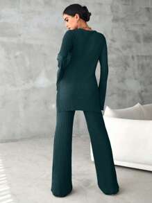 EURMUSE 2pcs Women Solid Color Ribbed Long Sleeve Shirt And Pants Casual Suit - Army Green - View 2