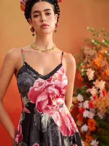 Frida Kahlo X SHEIN X Designer TIYA Floral Printed Satin Lace Inserts Asymmetric Hem Midi Dress Women Summer Dress Vacation Outfits