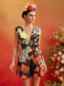 Frida Kahlo X SHEIN X Designer ISELACOS Mono de verano para mujer con cuello en V profundo, sin mangas, cordón ajustable y estampado completo