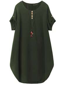 EMERY ROSE Plus Size Women Crew Neck Short Sleeve Casual Comfortable Elegant Mini Dress, Suitable For Daily Commute - Army Green - View 1